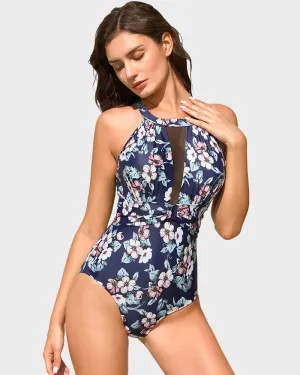 Floral Mesh-Inset High Neck Swimsuit