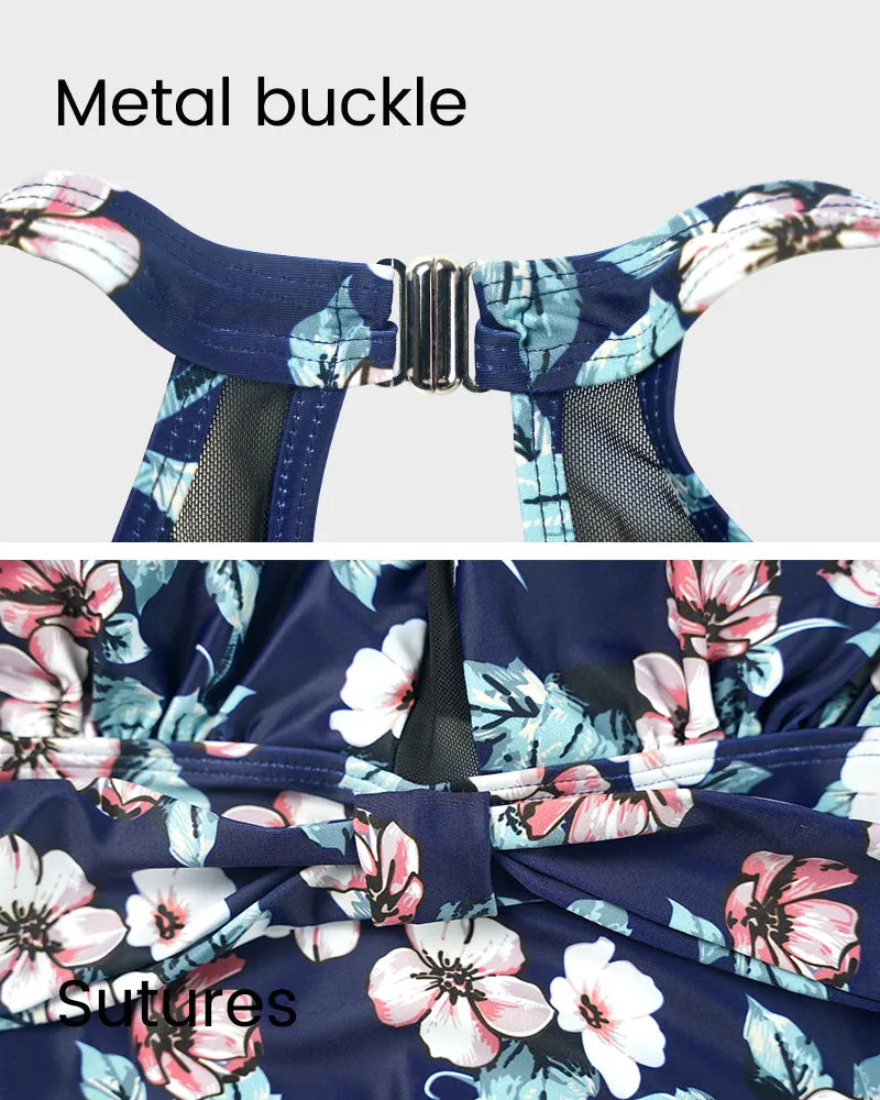 Floral Mesh-Inset High Neck Swimsuit