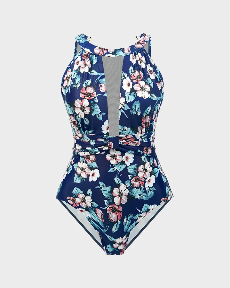 Floral Mesh-Inset High Neck Swimsuit