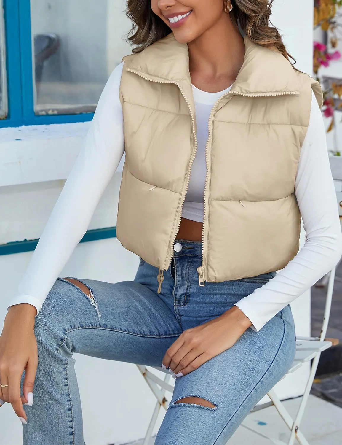 Flygo Women's Cropped Puffer Vest Zip Up Stand Collar Sleeveless Padded Bubble Vest