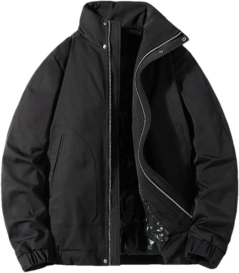 Fnfmrfmr Men Stand Collar Cotton Padded Coat Solid Long Sleeve Zipper Casual Work Jackets Outerwear