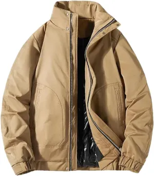Fnfmrfmr Men Stand Collar Cotton Padded Coat Solid Long Sleeve Zipper Casual Work Jackets Outerwear