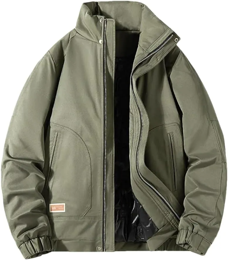 Fnfmrfmr Men Stand Collar Cotton Padded Coat Solid Long Sleeve Zipper Casual Work Jackets Outerwear
