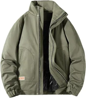 Fnfmrfmr Men Stand Collar Cotton Padded Coat Solid Long Sleeve Zipper Casual Work Jackets Outerwear