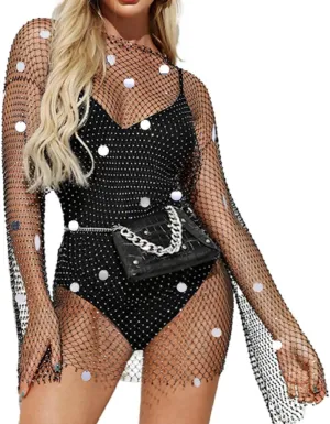 Formery Mesh Rhinestone Body Chains Crystal Sequin Fishnet Sheer Bikini Jewelry Mini Dress Summer Beach Coverups Festival Outfits for Women