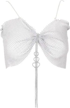 Formery Mesh Rhinestone Body Chains for Women White Tassel Crystal See Through Tops Rave Beach Bikini Jewelry Festival Outfits