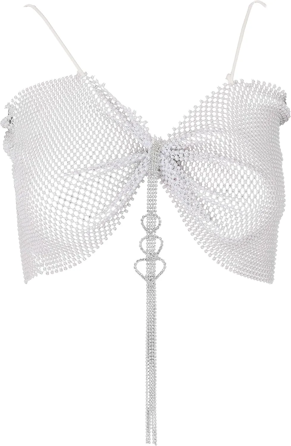 Formery Mesh Rhinestone Body Chains for Women White Tassel Crystal See Through Tops Rave Beach Bikini Jewelry Festival Outfits
