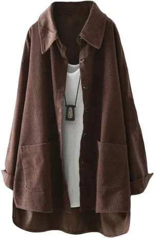 FTCayanz Women's Corduroy Shirt Jacket Casual Long Sleeve Coat Button Down Outerwear Tops
