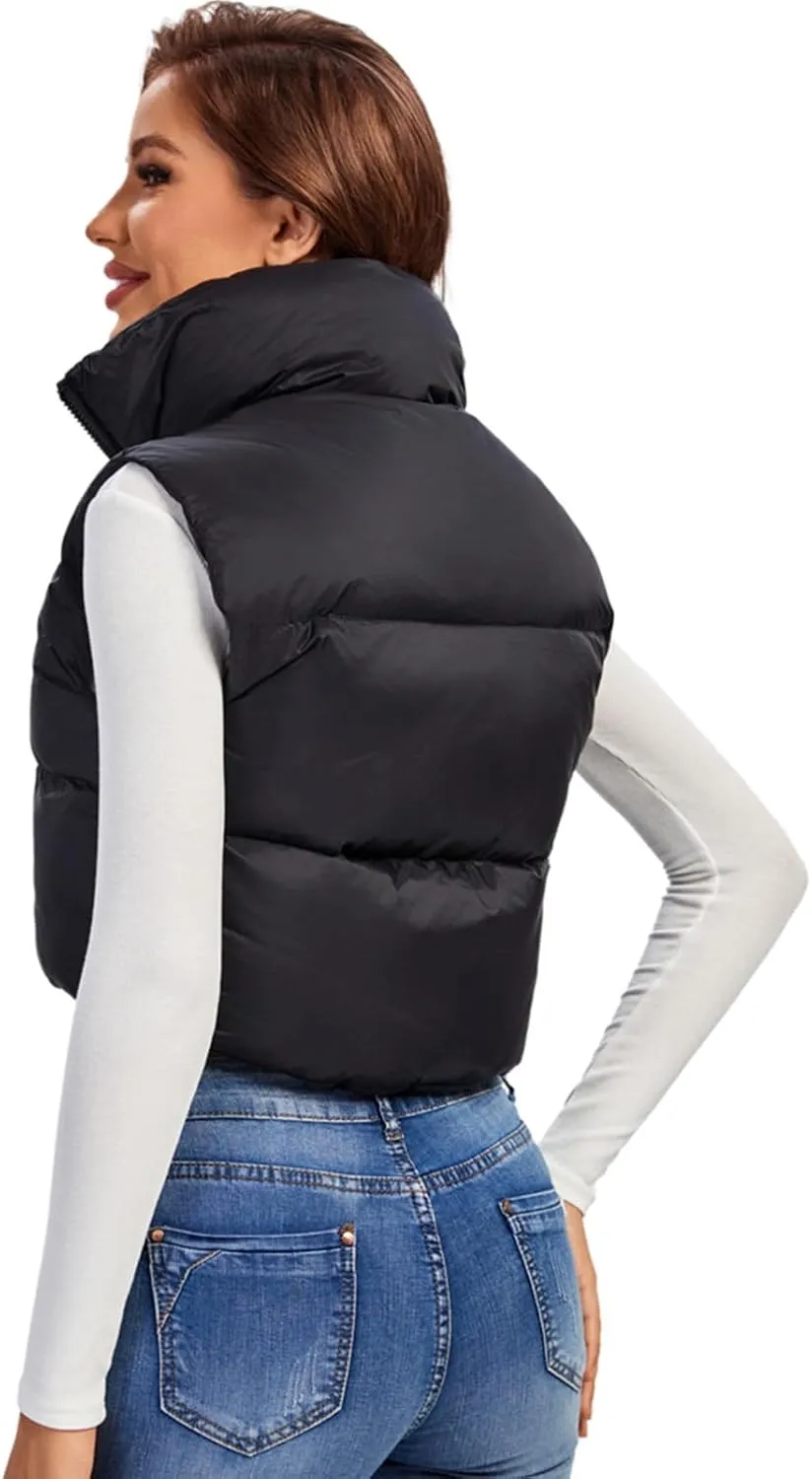 Fuinloth Women's Padded Vest, High Stand Collar Lightweight Zip Crop Puffer Gilet
