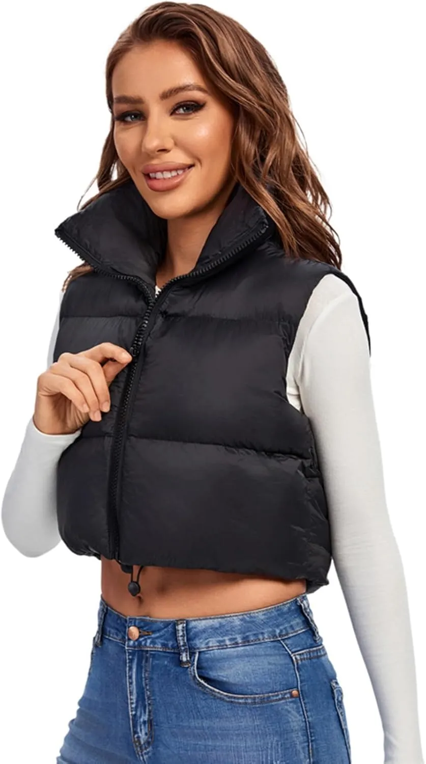 Fuinloth Women's Padded Vest, High Stand Collar Lightweight Zip Crop Puffer Gilet