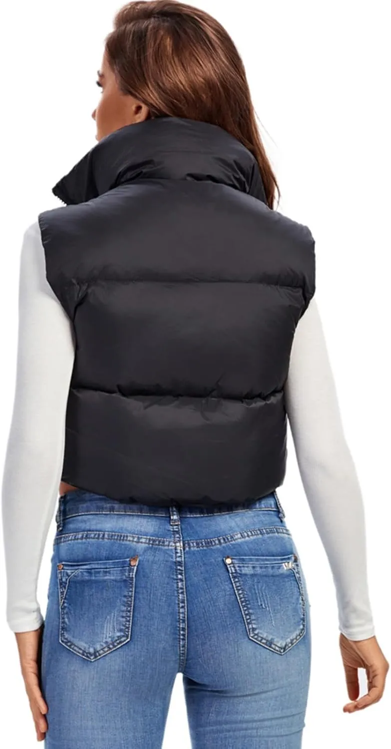 Fuinloth Women's Padded Vest, High Stand Collar Lightweight Zip Crop Puffer Gilet