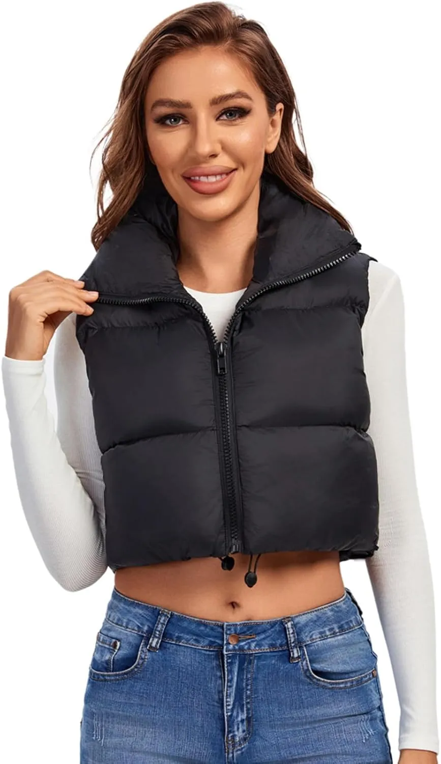 Fuinloth Women's Padded Vest, High Stand Collar Lightweight Zip Crop Puffer Gilet