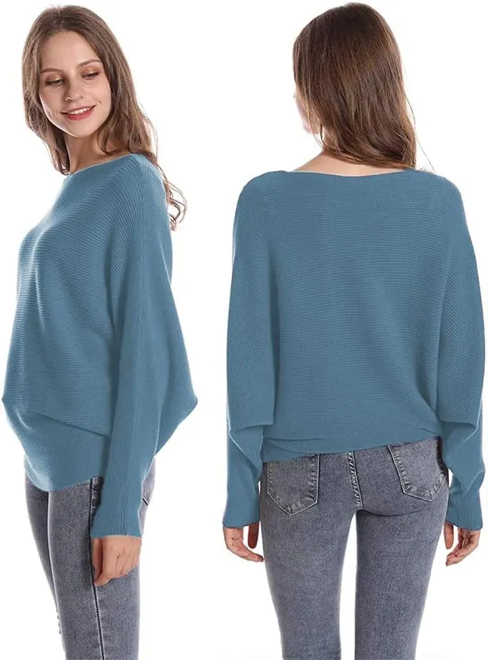 FULIER Women Oversized Boat Neck Batwing Sleeves Dolman Knitted Sweaters Lightweight Pullovers Tops One Size