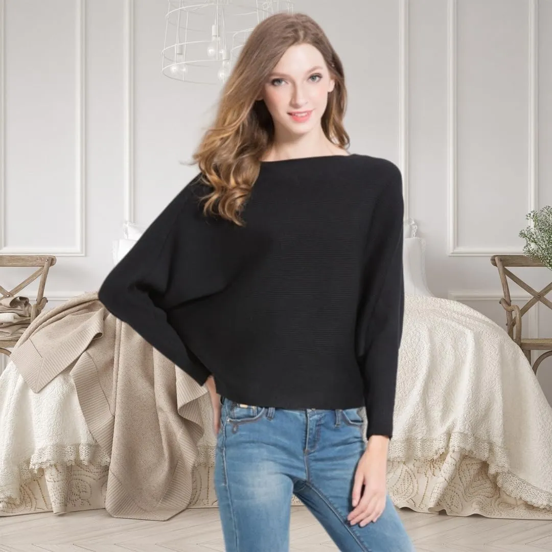 FULIER Women Oversized Boat Neck Batwing Sleeves Dolman Knitted Sweaters Lightweight Pullovers Tops One Size