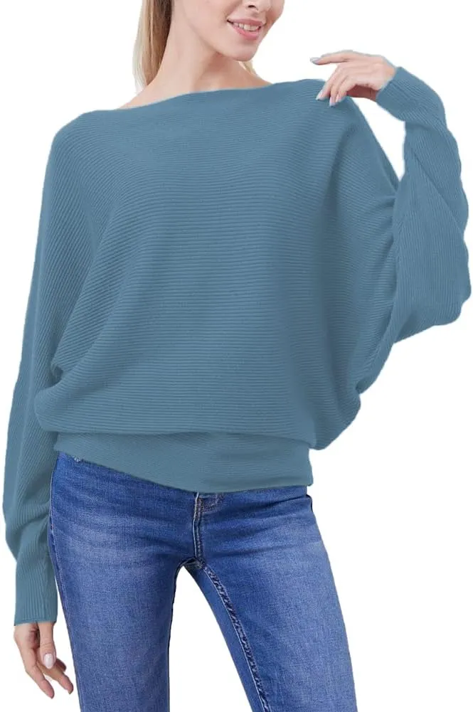 FULIER Women Oversized Boat Neck Batwing Sleeves Dolman Knitted Sweaters Lightweight Pullovers Tops One Size