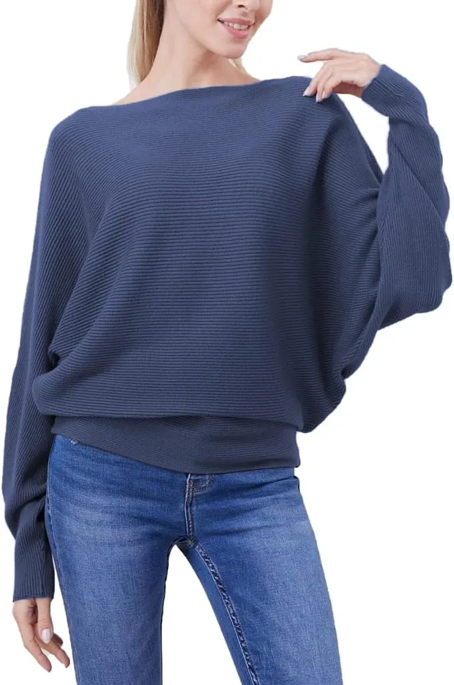 FULIER Women Oversized Boat Neck Batwing Sleeves Dolman Knitted Sweaters Lightweight Pullovers Tops One Size