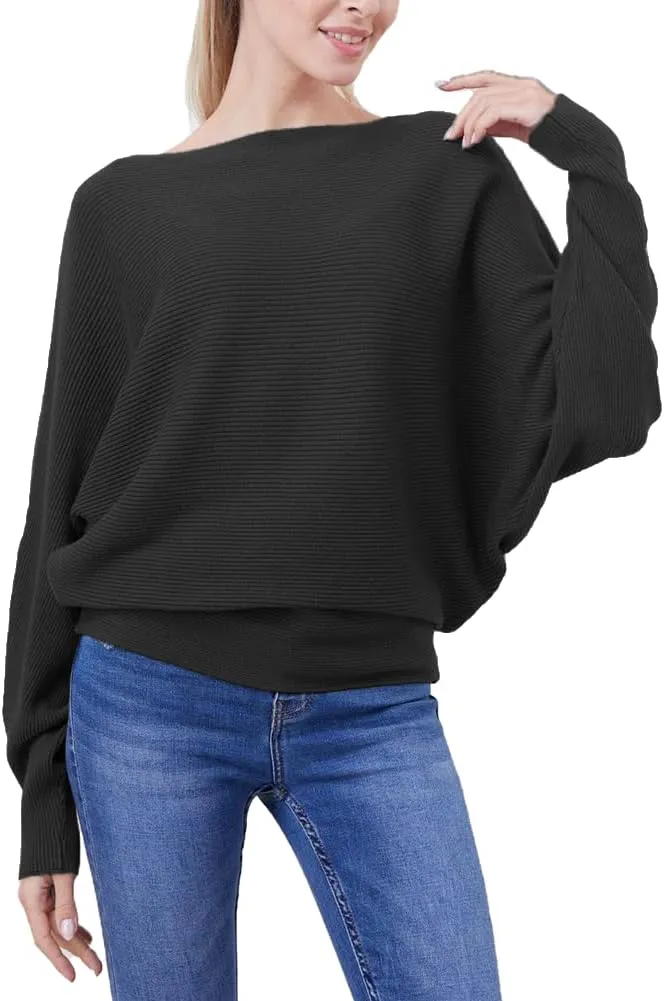 FULIER Women Oversized Boat Neck Batwing Sleeves Dolman Knitted Sweaters Lightweight Pullovers Tops One Size