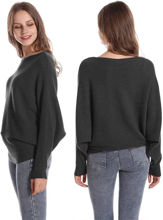 FULIER Women Oversized Boat Neck Batwing Sleeves Dolman Knitted Sweaters Lightweight Pullovers Tops One Size
