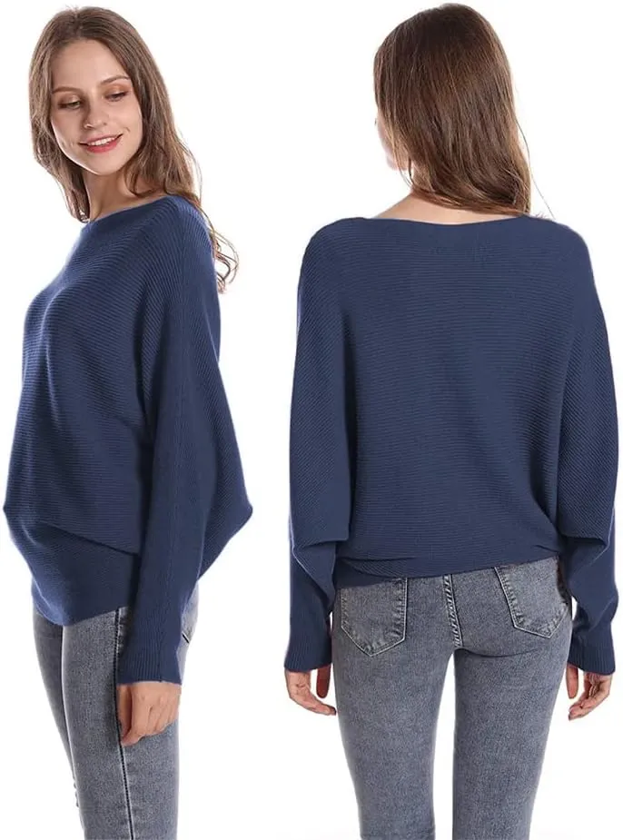 FULIER Women Oversized Boat Neck Batwing Sleeves Dolman Knitted Sweaters Lightweight Pullovers Tops One Size