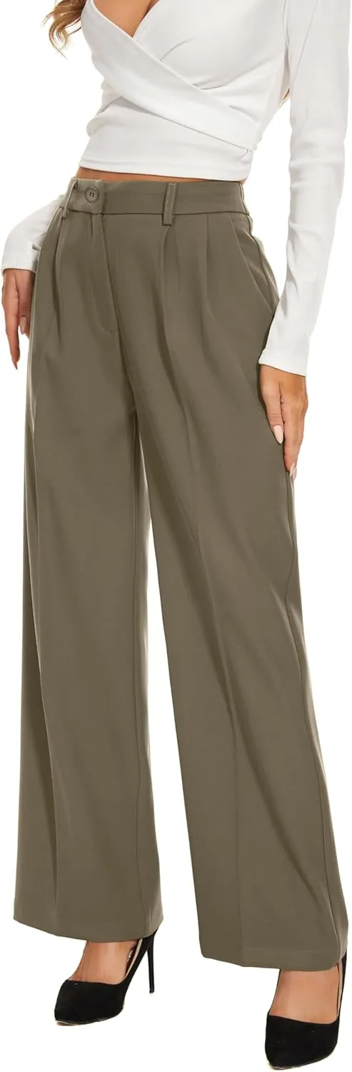 FUNYYZO Wide Leg Pants Women's High Elastic Waisted in The Back Business Work Trousers Long Straight Suit Pants