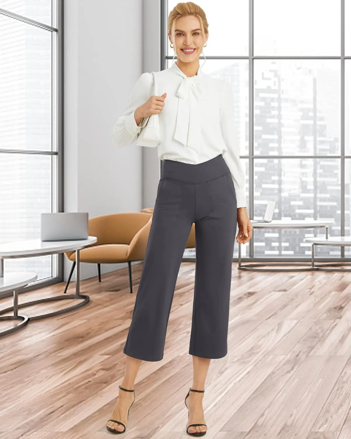 G4Free Capri Pants for Women Wide Leg Yoga Dress Capris with Pockets Cross Loose Casual Work Crop Pants
