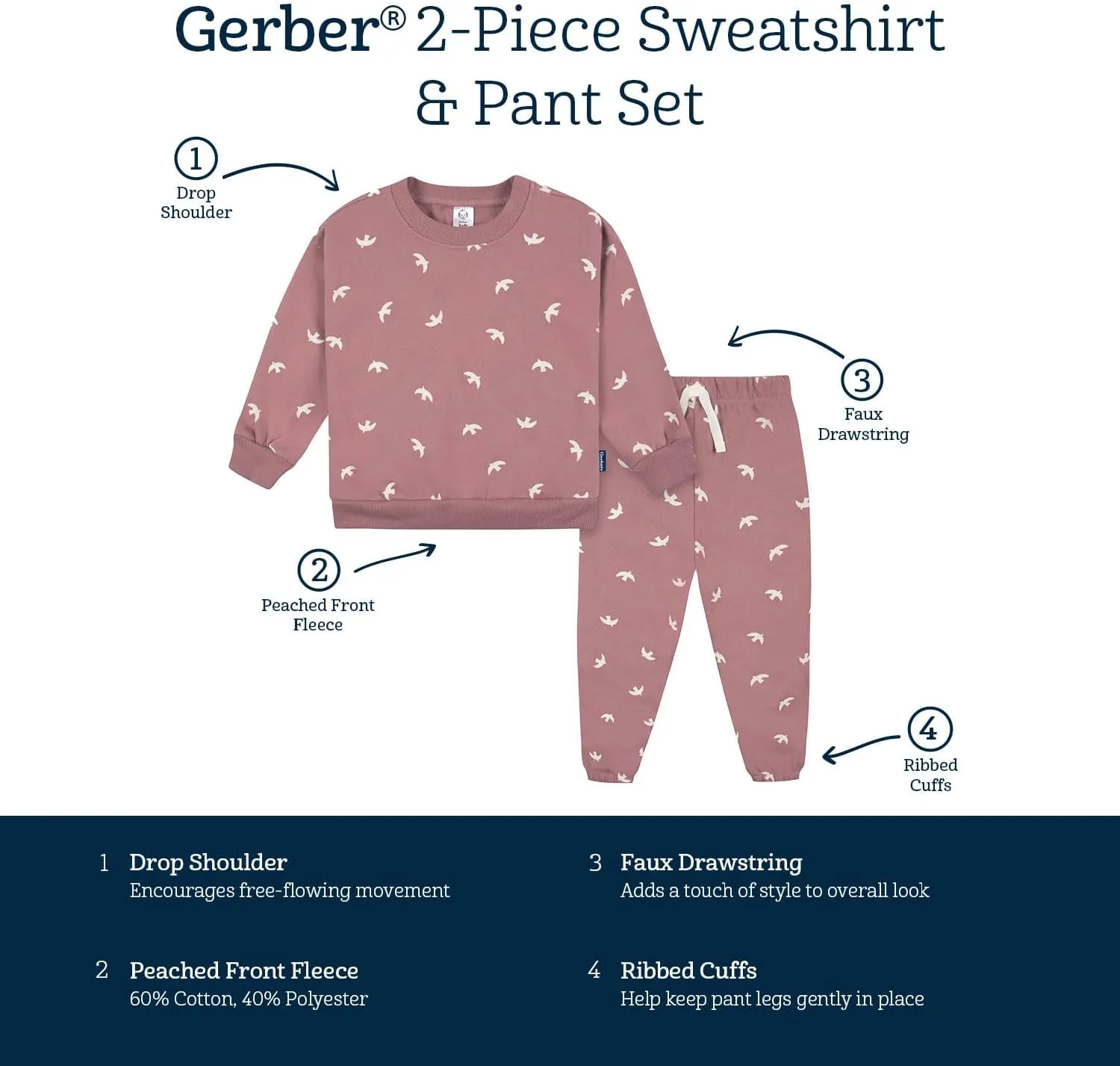 Gerber Baby Girls' Toddler 2-piece Fleece Sweatshirt and Jogger Set