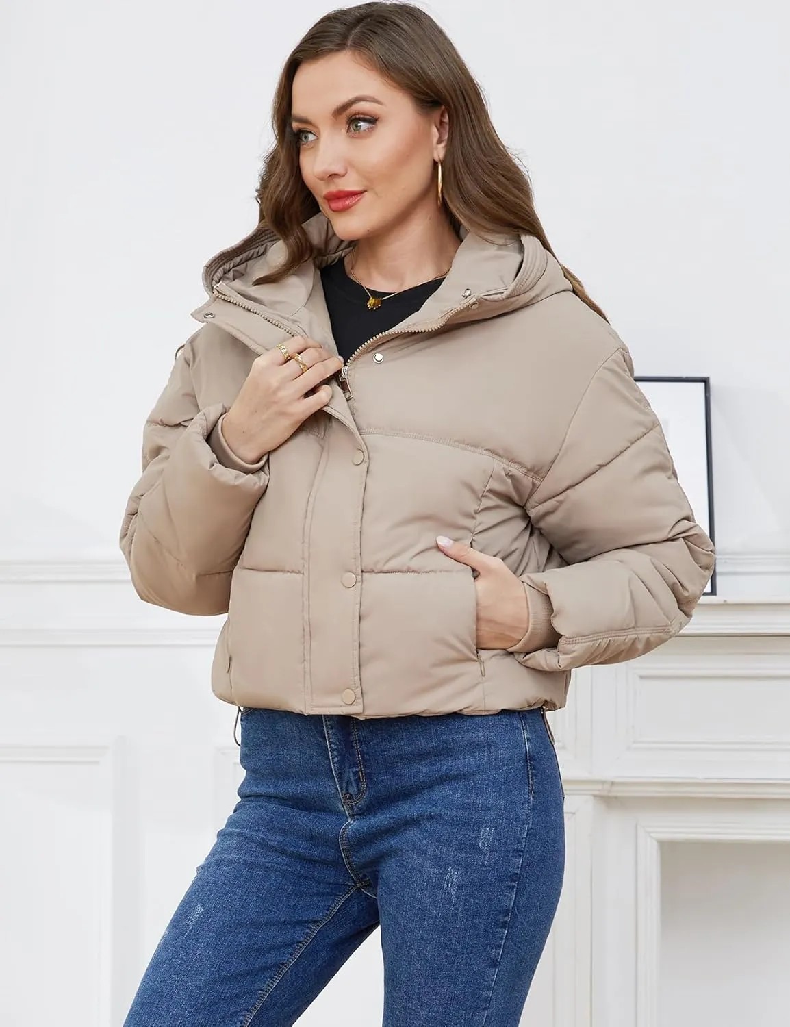 Gihuo Women's Cropped Puffer Jacket Zip Up Hooded Quilted Jackets Winter Short Padded Coat Outerwear