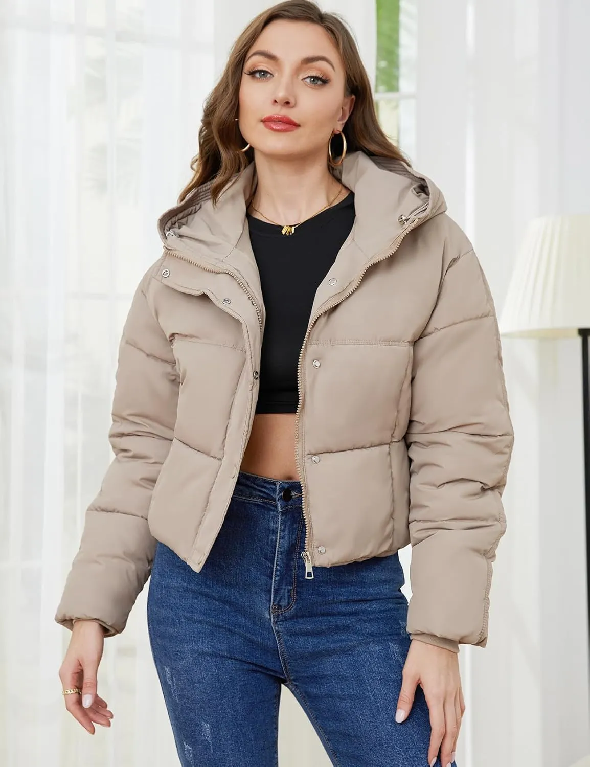 Gihuo Women's Cropped Puffer Jacket Zip Up Hooded Quilted Jackets Winter Short Padded Coat Outerwear