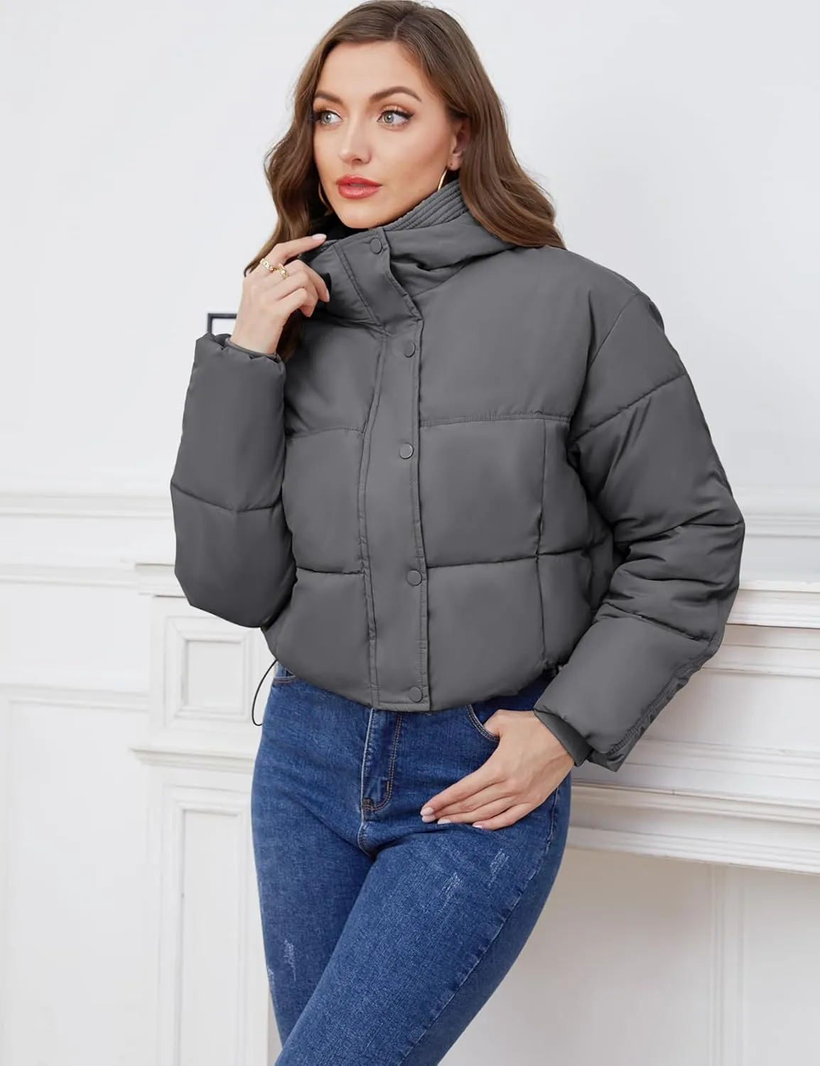 Gihuo Women's Cropped Puffer Jacket Zip Up Hooded Quilted Jackets Winter Short Padded Coat Outerwear