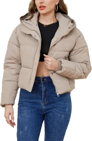 Gihuo Women's Cropped Puffer Jacket Zip Up Hooded Quilted Jackets Winter Short Padded Coat Outerwear