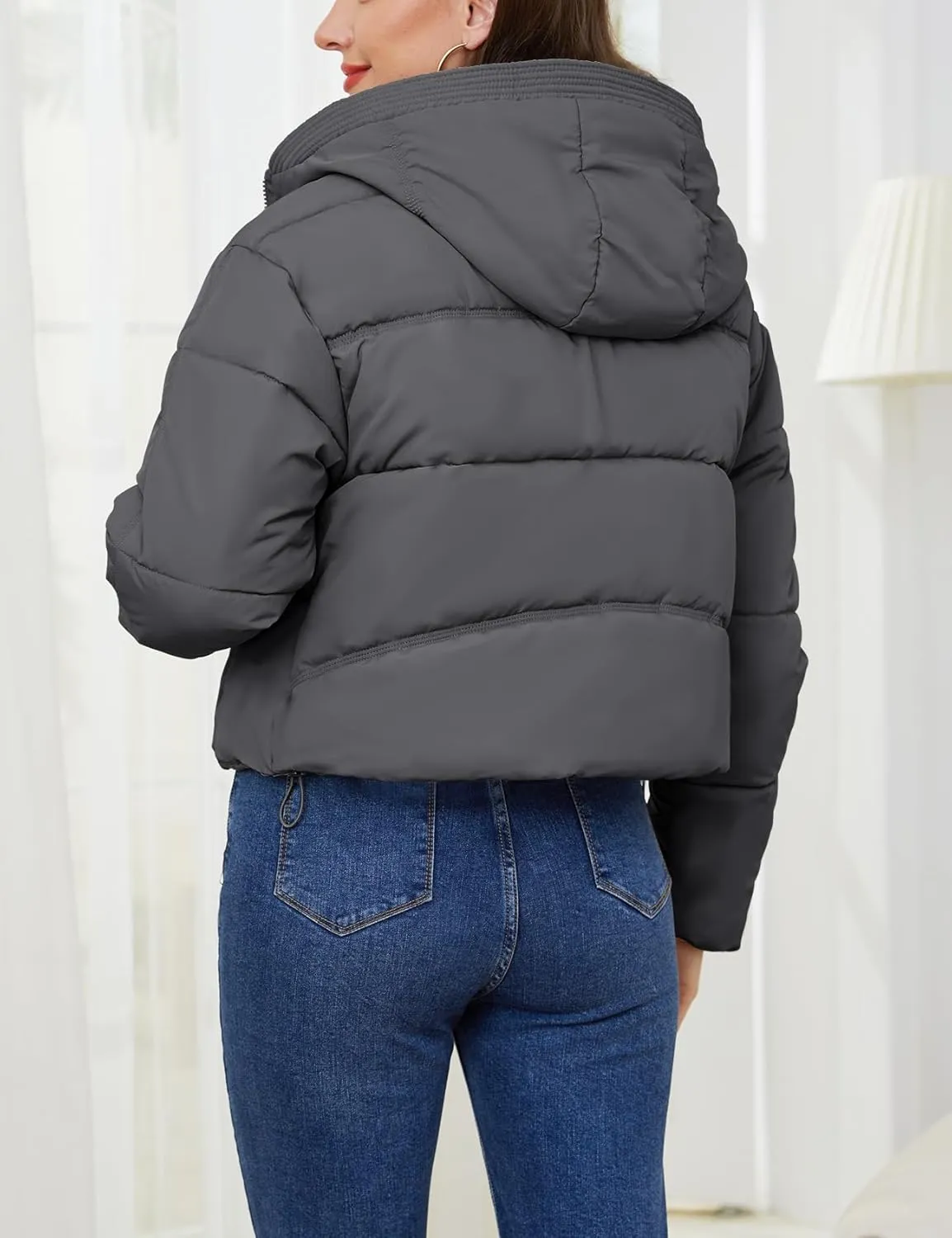 Gihuo Women's Cropped Puffer Jacket Zip Up Hooded Quilted Jackets Winter Short Padded Coat Outerwear