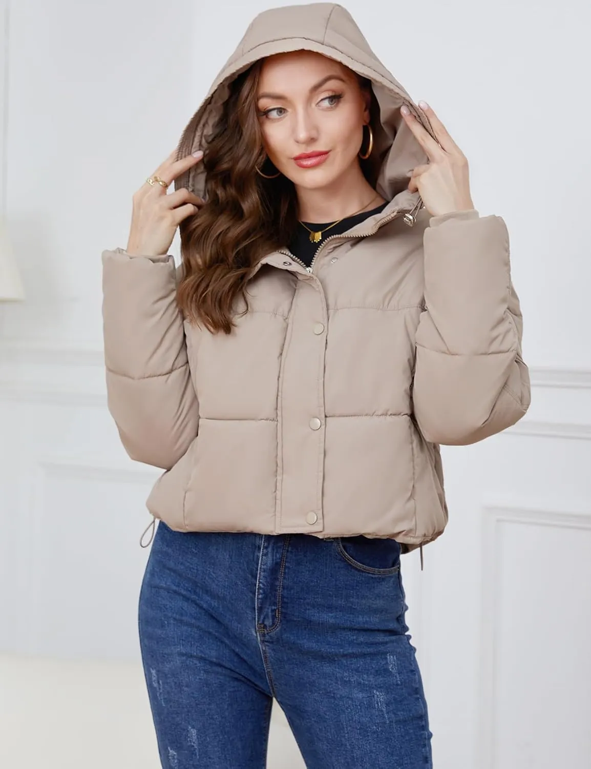 Gihuo Women's Cropped Puffer Jacket Zip Up Hooded Quilted Jackets Winter Short Padded Coat Outerwear