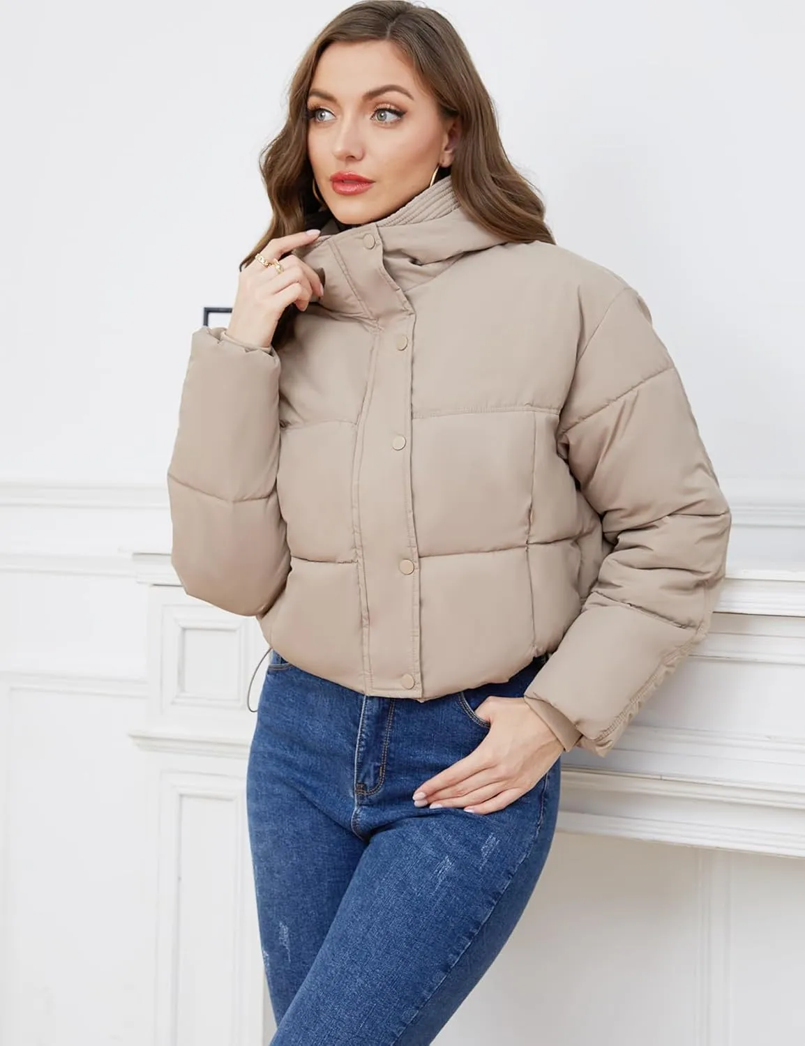 Gihuo Women's Cropped Puffer Jacket Zip Up Hooded Quilted Jackets Winter Short Padded Coat Outerwear