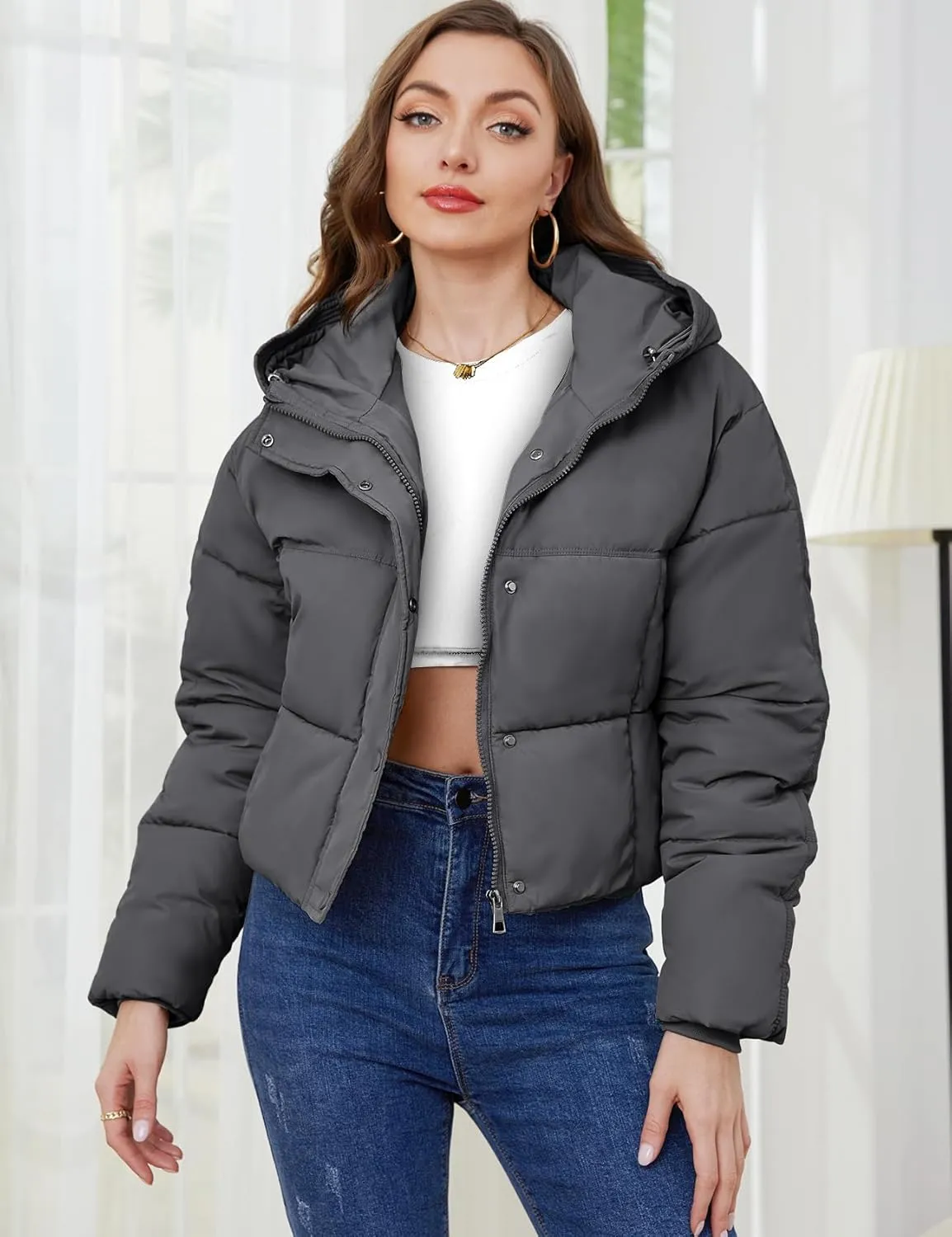 Gihuo Women's Cropped Puffer Jacket Zip Up Hooded Quilted Jackets Winter Short Padded Coat Outerwear