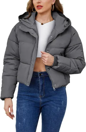 Gihuo Women's Cropped Puffer Jacket Zip Up Hooded Quilted Jackets Winter Short Padded Coat Outerwear