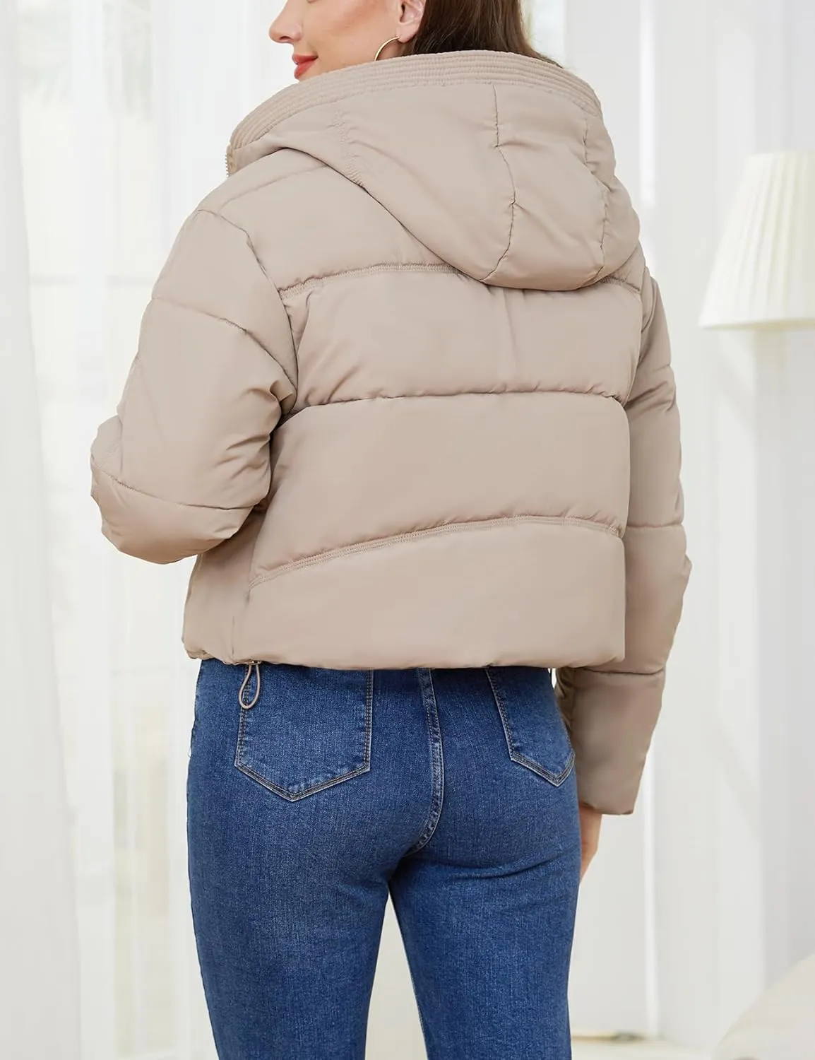 Gihuo Women's Cropped Puffer Jacket Zip Up Hooded Quilted Jackets Winter Short Padded Coat Outerwear