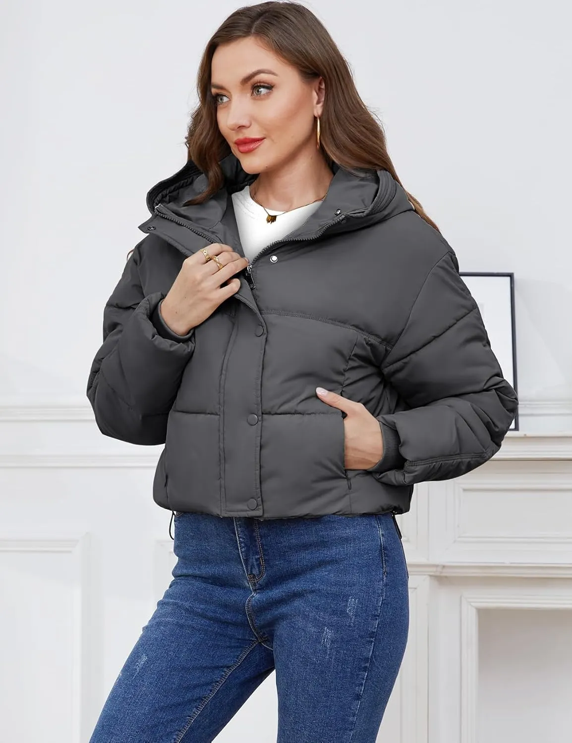Gihuo Women's Cropped Puffer Jacket Zip Up Hooded Quilted Jackets Winter Short Padded Coat Outerwear