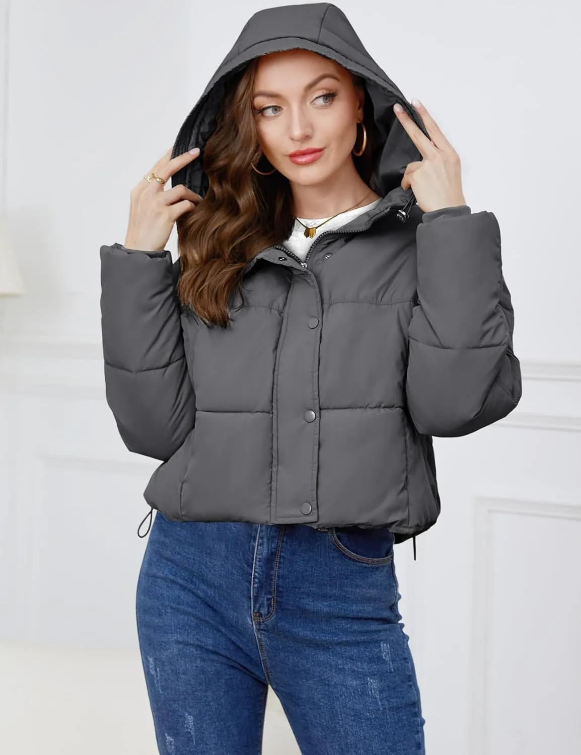 Gihuo Women's Cropped Puffer Jacket Zip Up Hooded Quilted Jackets Winter Short Padded Coat Outerwear