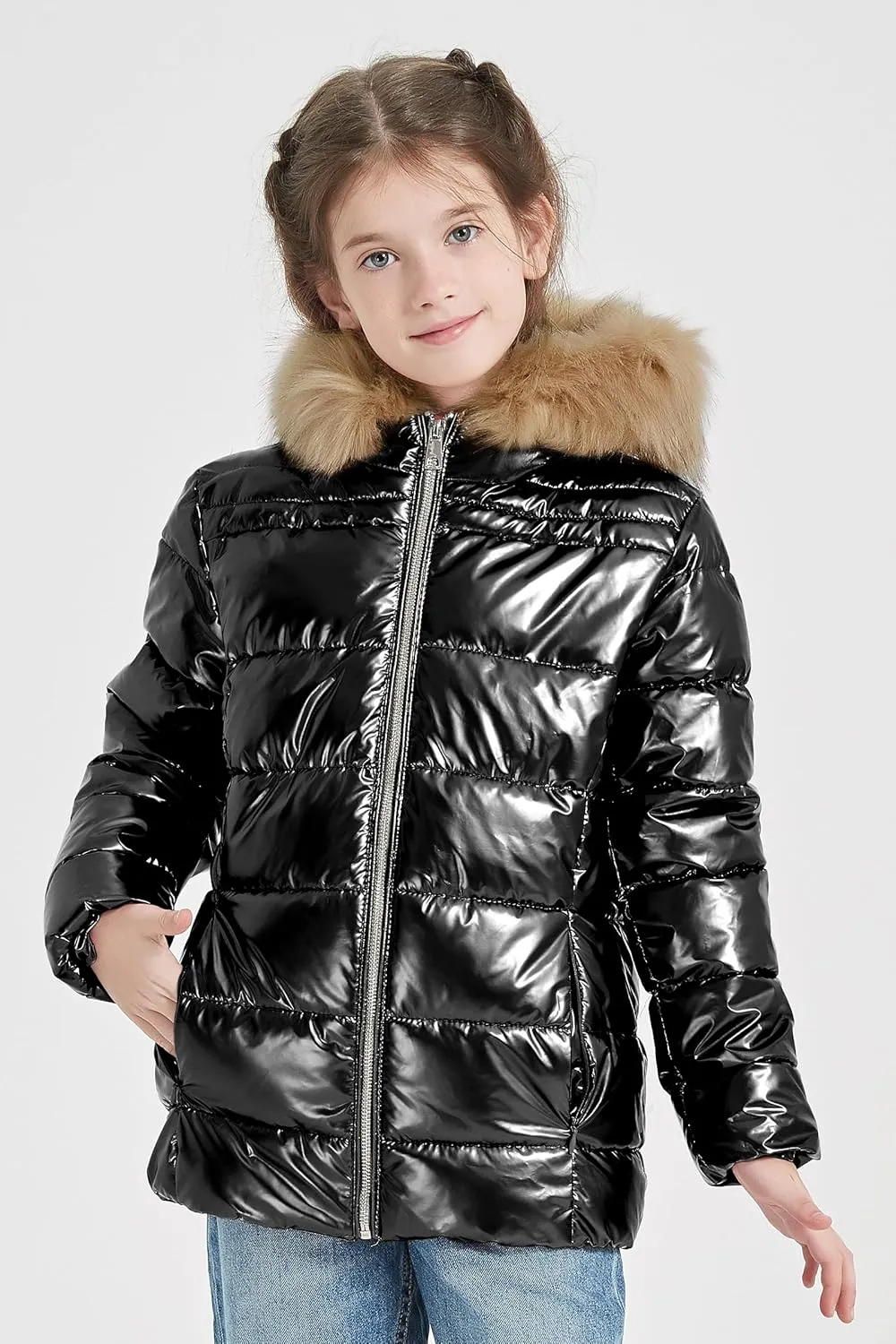 Giolshon Winter Girls Thickened Puffer coat shining Padded jacket Kids Ski Snow Outwear with Faux Fur Collar 7695