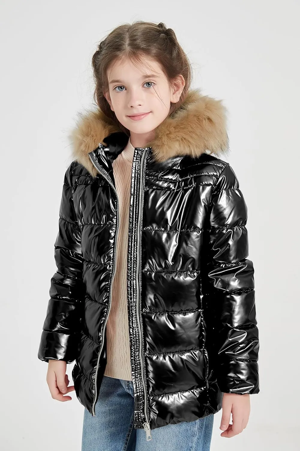 Giolshon Winter Girls Thickened Puffer coat shining Padded jacket Kids Ski Snow Outwear with Faux Fur Collar 7695