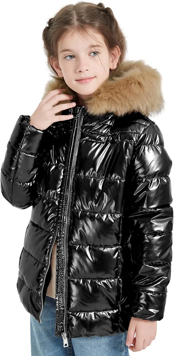 Giolshon Winter Girls Thickened Puffer coat shining Padded jacket Kids Ski Snow Outwear with Faux Fur Collar 7695