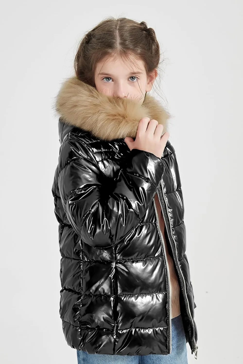 Giolshon Winter Girls Thickened Puffer coat shining Padded jacket Kids Ski Snow Outwear with Faux Fur Collar 7695