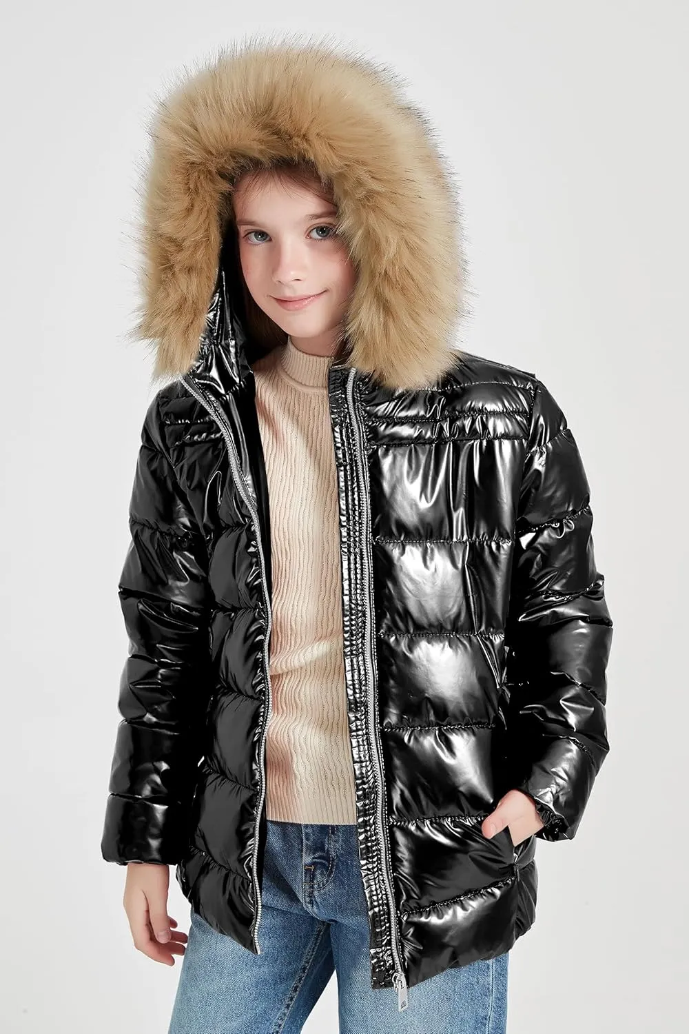 Giolshon Winter Girls Thickened Puffer coat shining Padded jacket Kids Ski Snow Outwear with Faux Fur Collar 7695