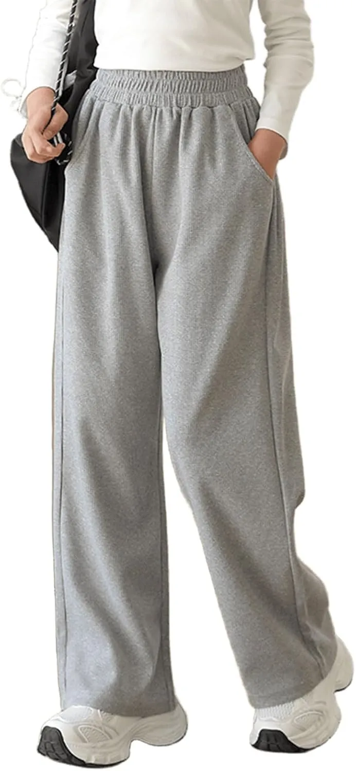 Girl's Wide Leg Sweatpants Baggy Straight Loose Sweat Pants High Waist Causal Kids Athletic Pants with Pockets 6-14Y