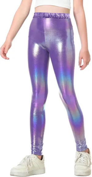 Gnainach Girls Metallic Leggings Stretch Comfort Shiny Mystique Dance Pants for Toddler Kids Teen Yoga Party Workout