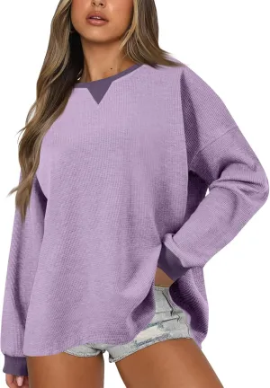 GOFULY Women'S Crewneck Sweatshirts Lightweight Waffle Knit Shirts Long Sleeve Fall Pullover Ribbed Color Block Sweatshirt