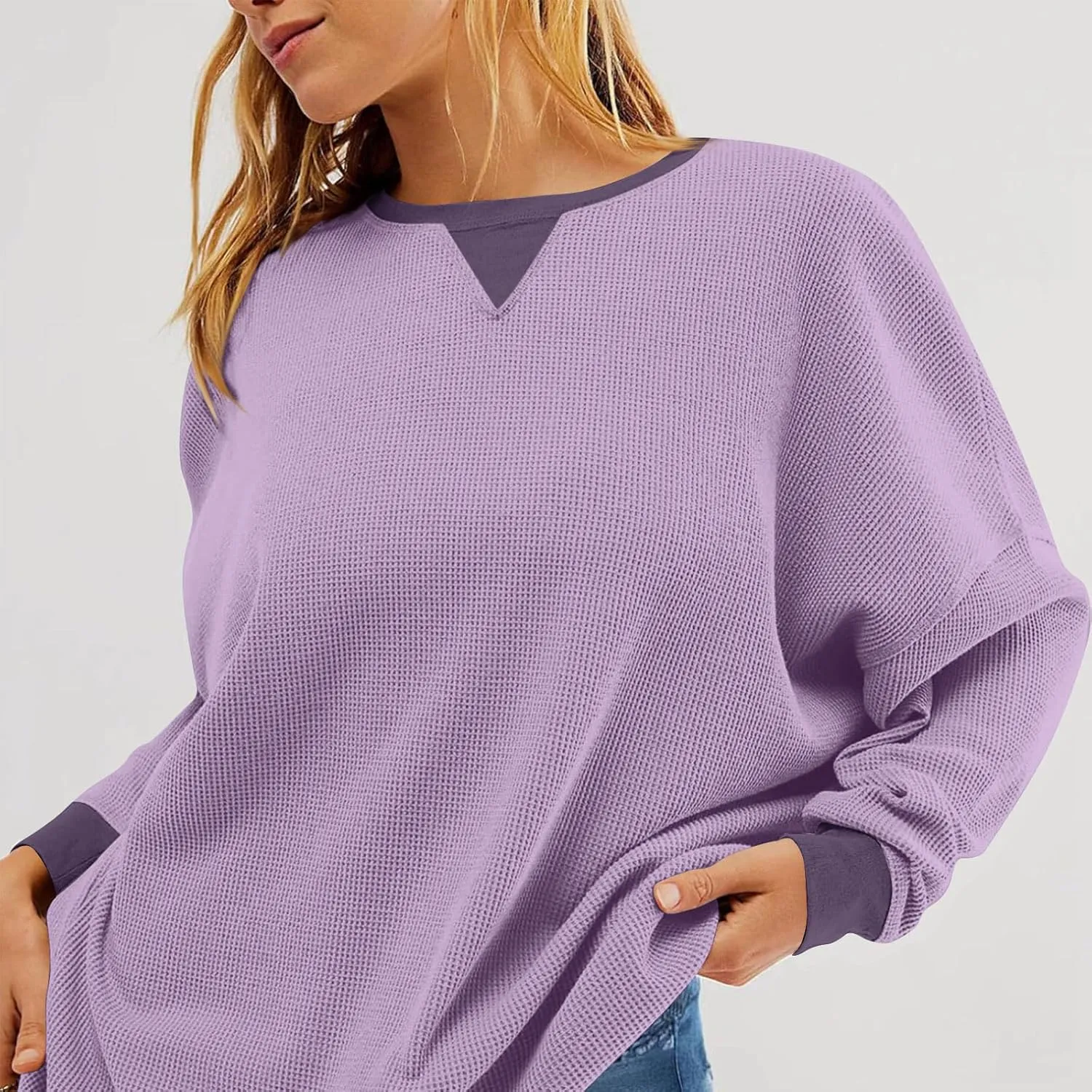 GOFULY Women'S Crewneck Sweatshirts Lightweight Waffle Knit Shirts Long Sleeve Fall Pullover Ribbed Color Block Sweatshirt
