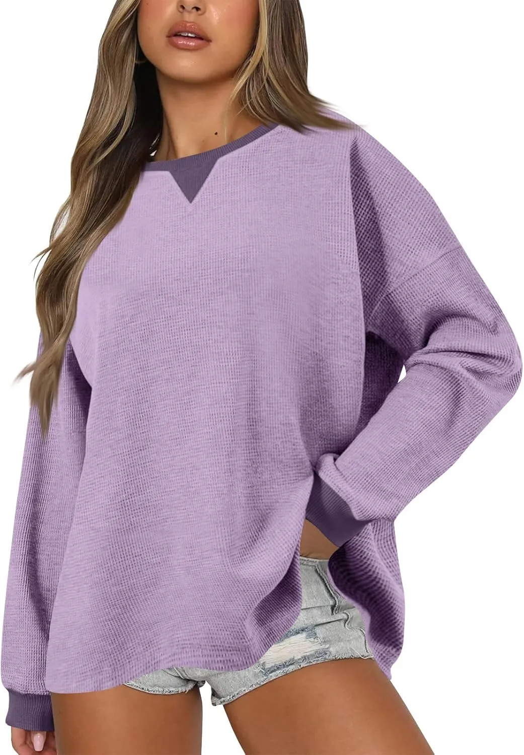 GOFULY Women'S Crewneck Sweatshirts Lightweight Waffle Knit Shirts Long Sleeve Fall Pullover Ribbed Color Block Sweatshirt