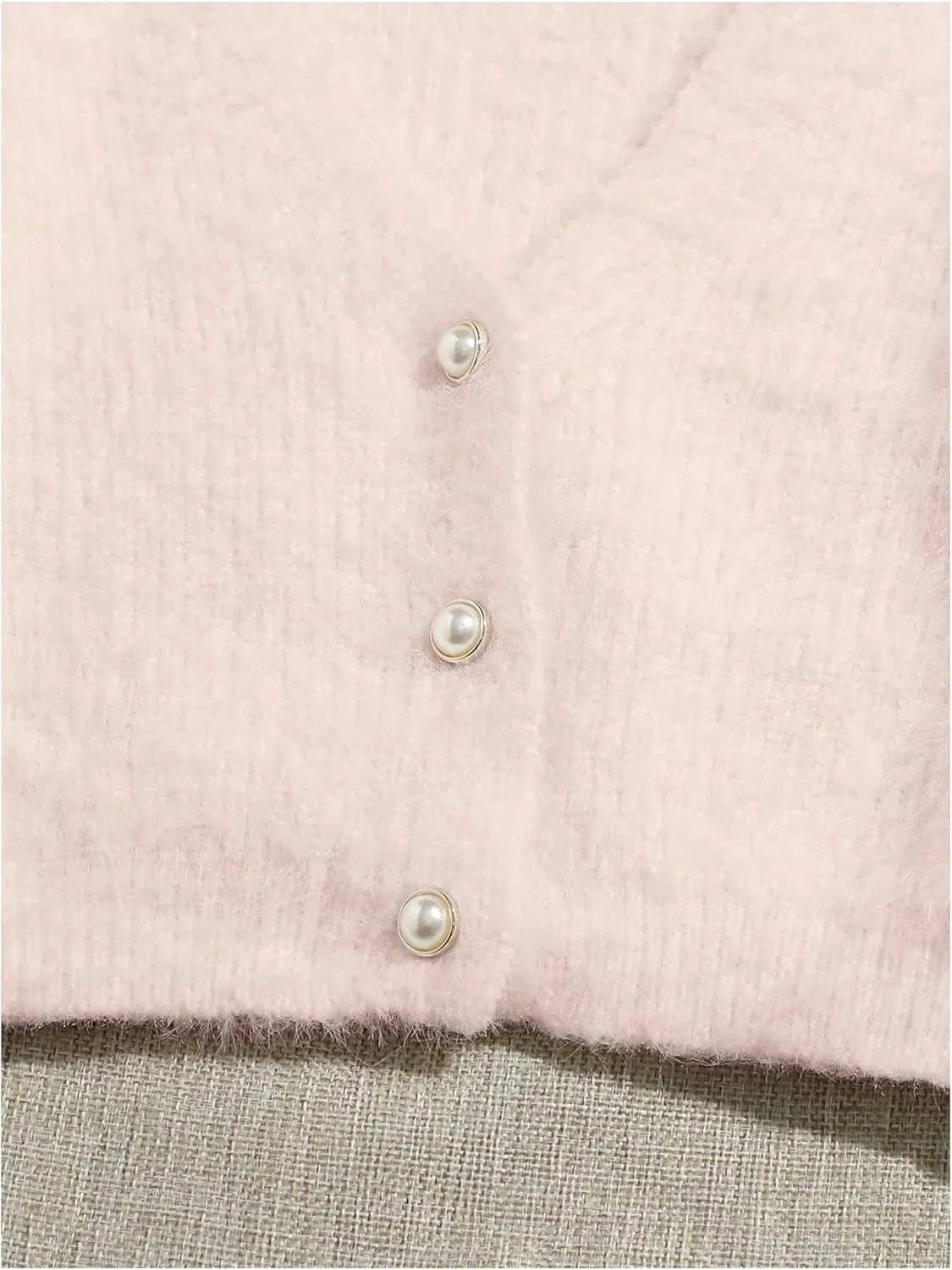 GORGLITTER Women's Open Front Cardigan Fuzzy Pearl Button Up Long Sleeve Crop Sweater Outerwear Jackets