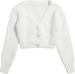 GORGLITTER Women's Open Front Cardigan Fuzzy Pearl Button Up Long Sleeve Crop Sweater Outerwear Jackets